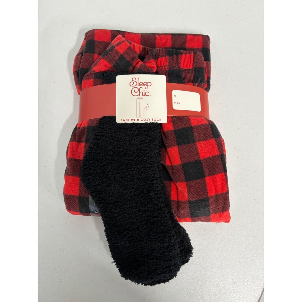Sleep Chic Womens Red Black Buffalo Plaid Fleece Pajama Pants and Fuzzy Socks M